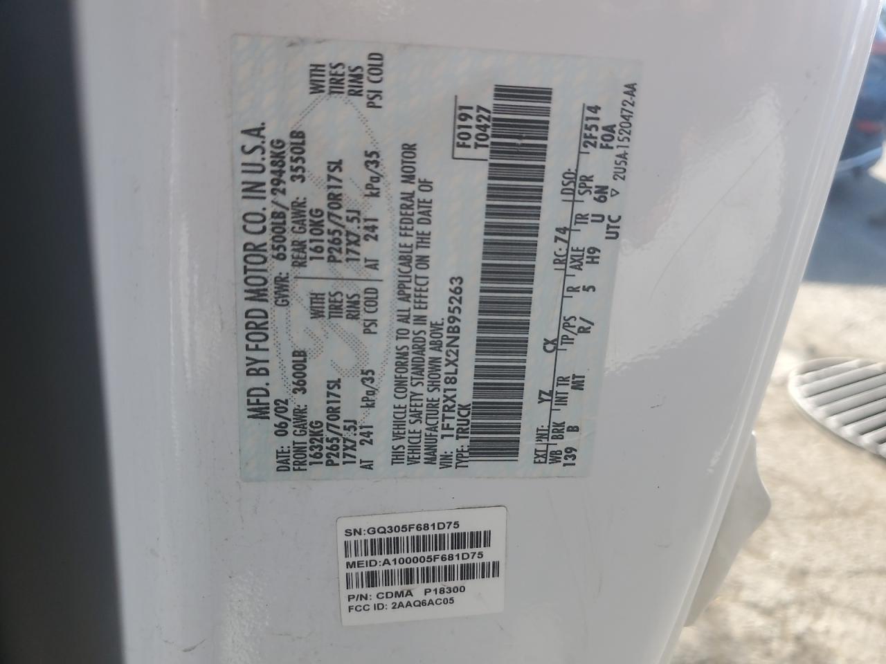 2002 Ford F150 VIN: 1FTRX18LX2NB95263 Lot: 82133435