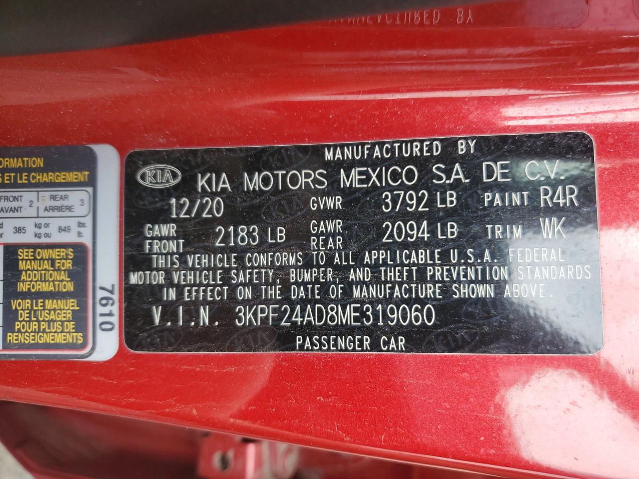 2021 Kia Forte Fe VIN: 3KPF24AD8ME319060 Lot: 80471145