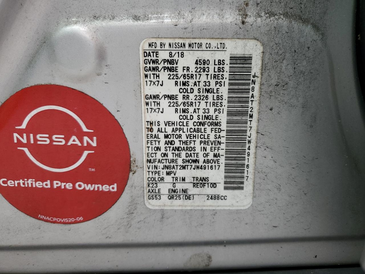 2018 Nissan Rogue S VIN: JN8AT2MT7JW491617 Lot: 83773655