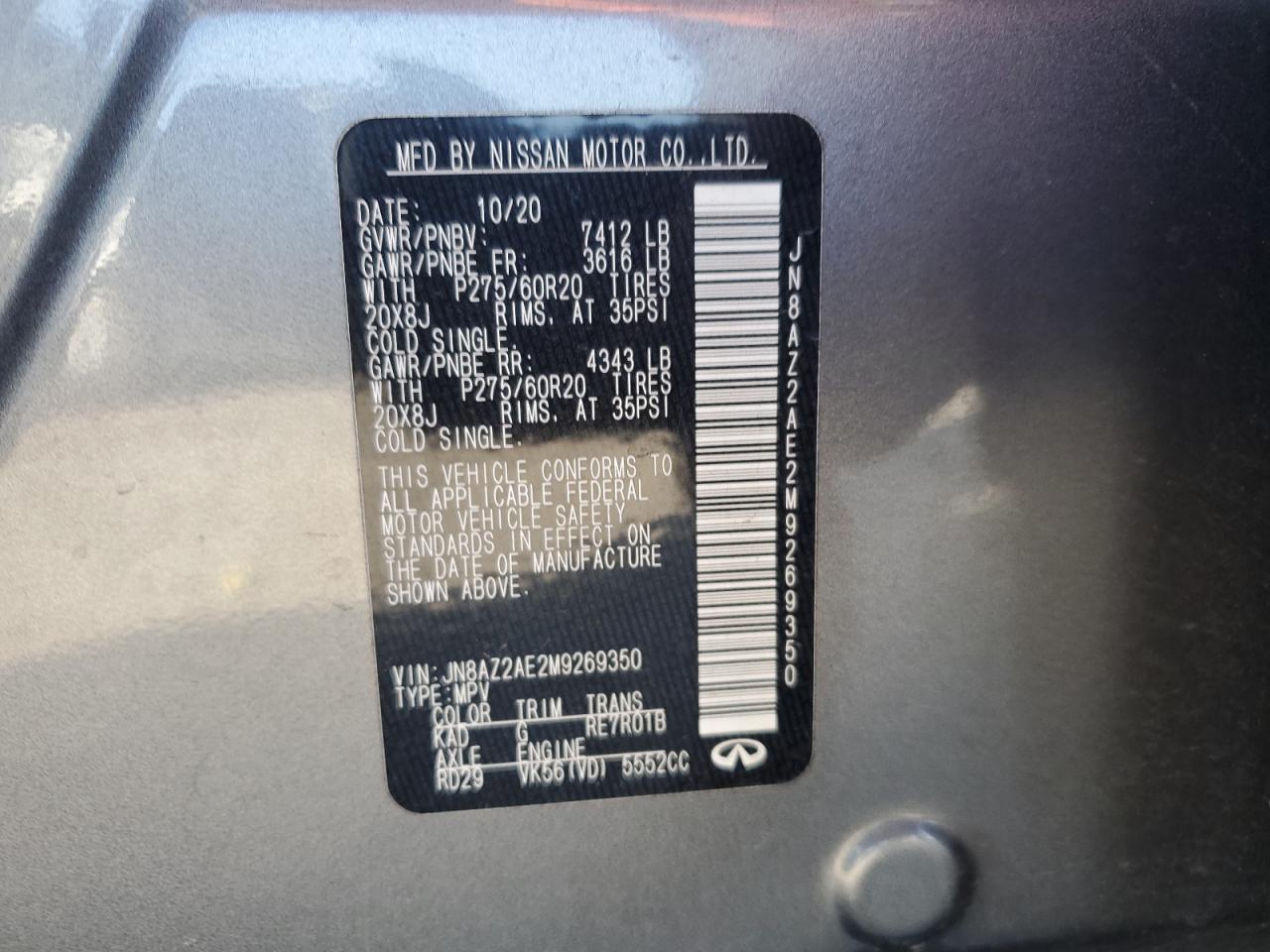 2021 Infiniti Qx80 Luxe VIN: JN8AZ2AE2M9269350 Lot: 69143035