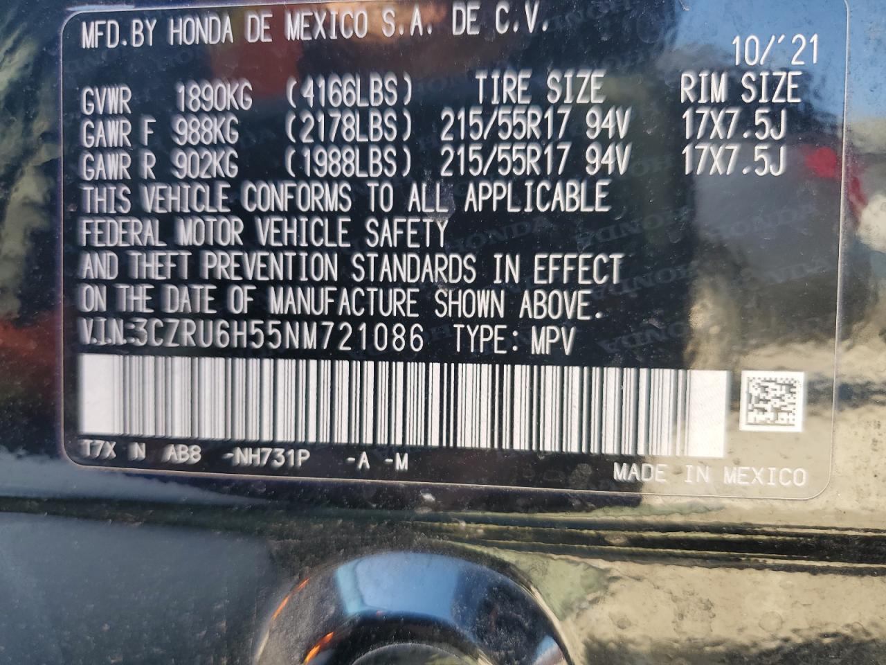 2022 Honda Hr-V Ex VIN: 3CZRU6H55NM721086 Lot: 84208265