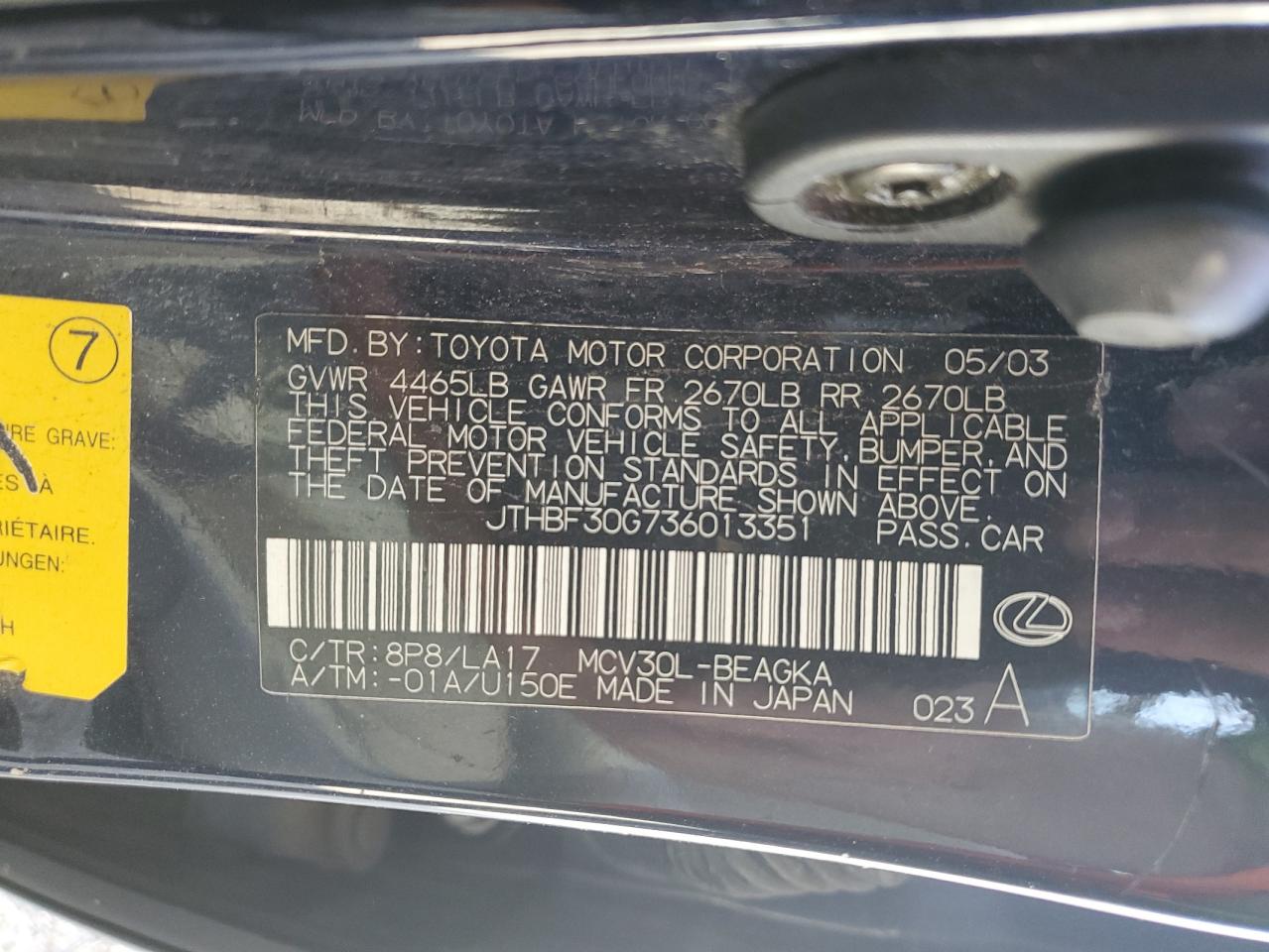 2003 Lexus Es 300 VIN: JTHBF30G736013351 Lot: 81710295
