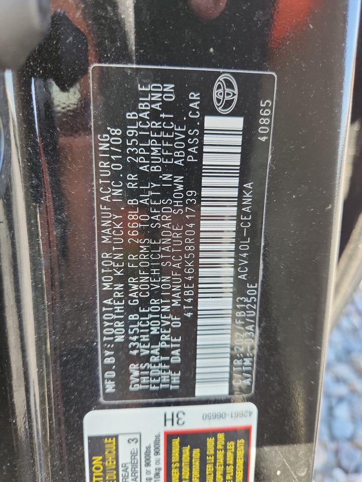 2008 Toyota Camry Ce VIN: 4T4BE46K58R041739 Lot: 84638445