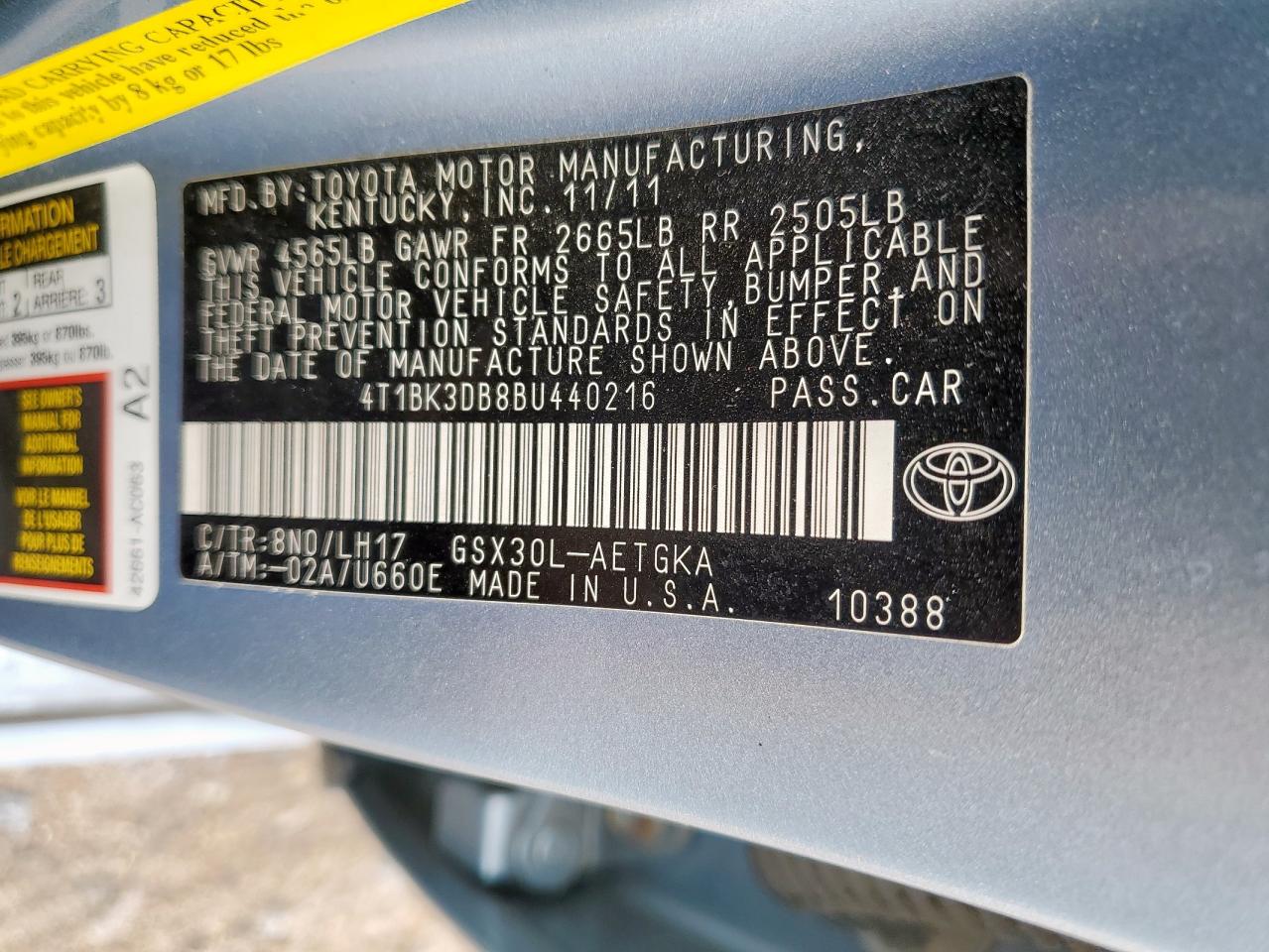 2011 Toyota Avalon Base VIN: 4T1BK3DB8BU440216 Lot: 80706785