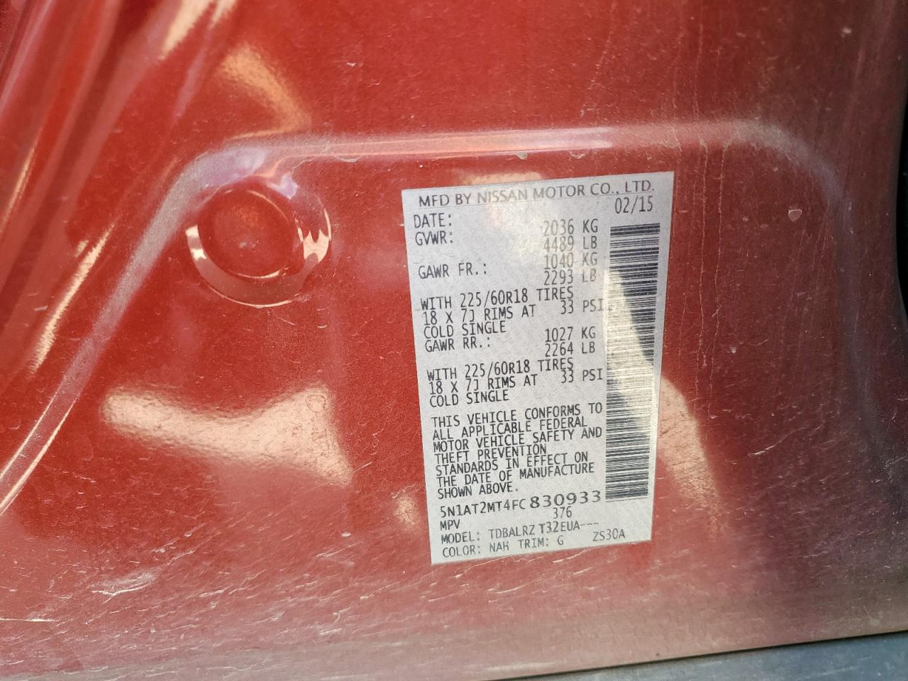 2015 Nissan Rogue S VIN: 5N1AT2MT4FC830933 Lot: 81329965