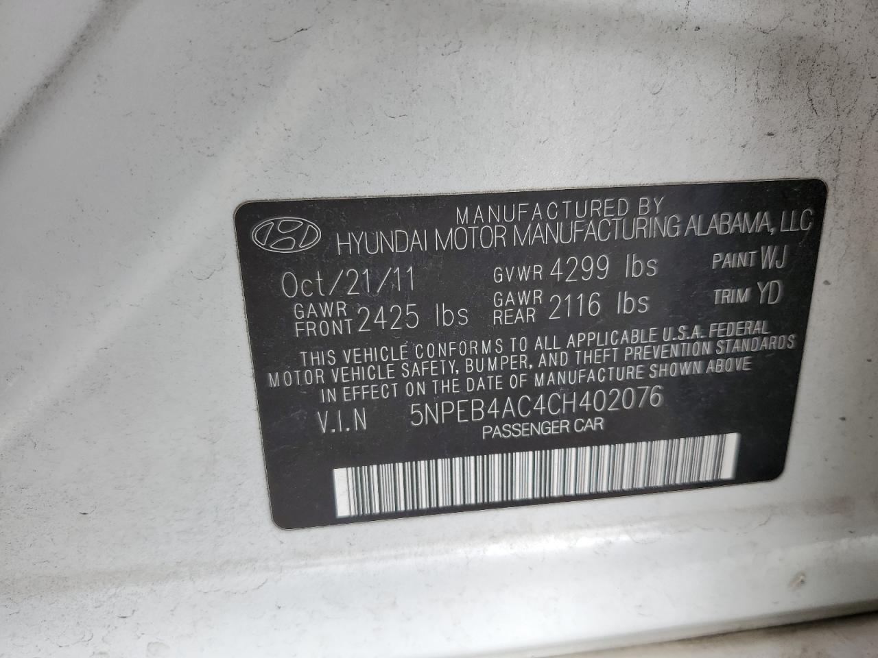 2012 Hyundai Sonata Gls VIN: 5NPEB4AC4CH402076 Lot: 81115985