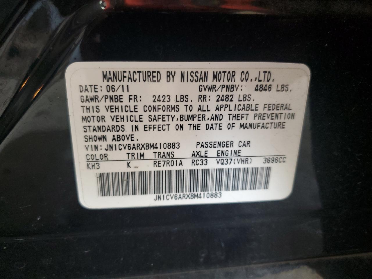 2011 Infiniti G37 VIN: JN1CV6ARXBM410883 Lot: 82085185