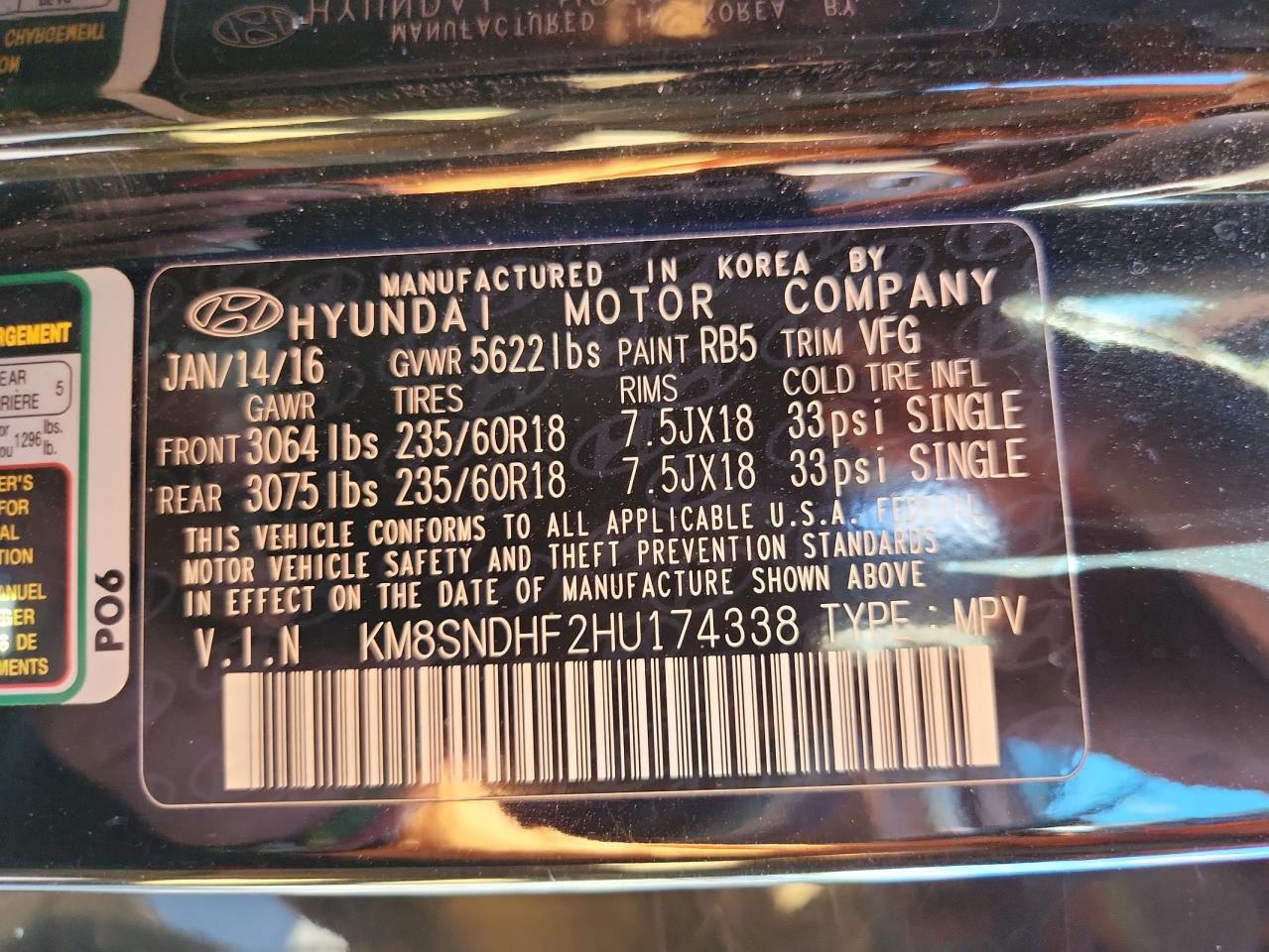 2017 Hyundai Santa Fe Se VIN: KM8SNDHF2HU174338 Lot: 70767735