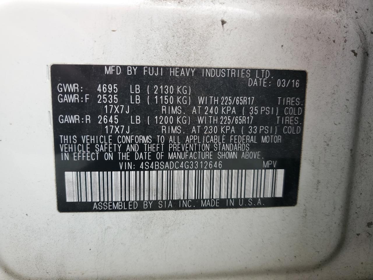 2016 Subaru Outback 2.5I Premium VIN: 4S4BSADC4G3312646 Lot: 72097525