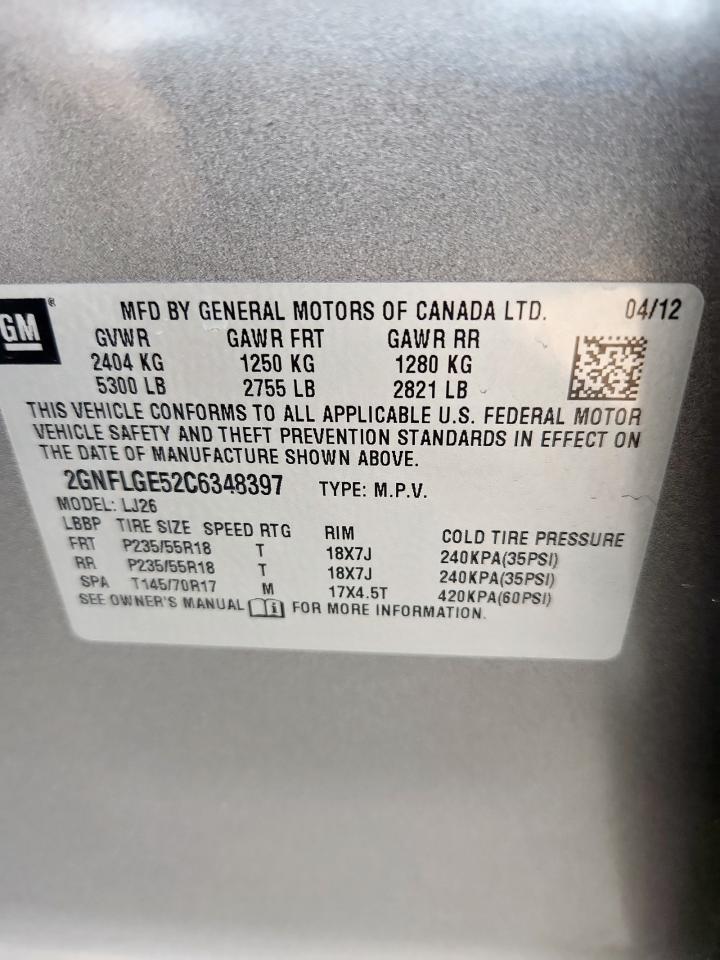 2012 Chevrolet Equinox Ltz VIN: 2GNFLGE52C6348397 Lot: 80590495