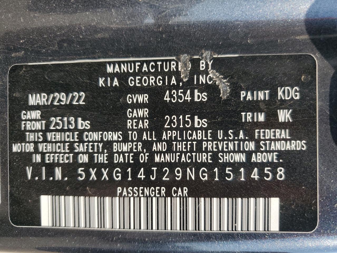 2022 Kia K5 Lxs VIN: 5XXG14J29NG151458 Lot: 71463925