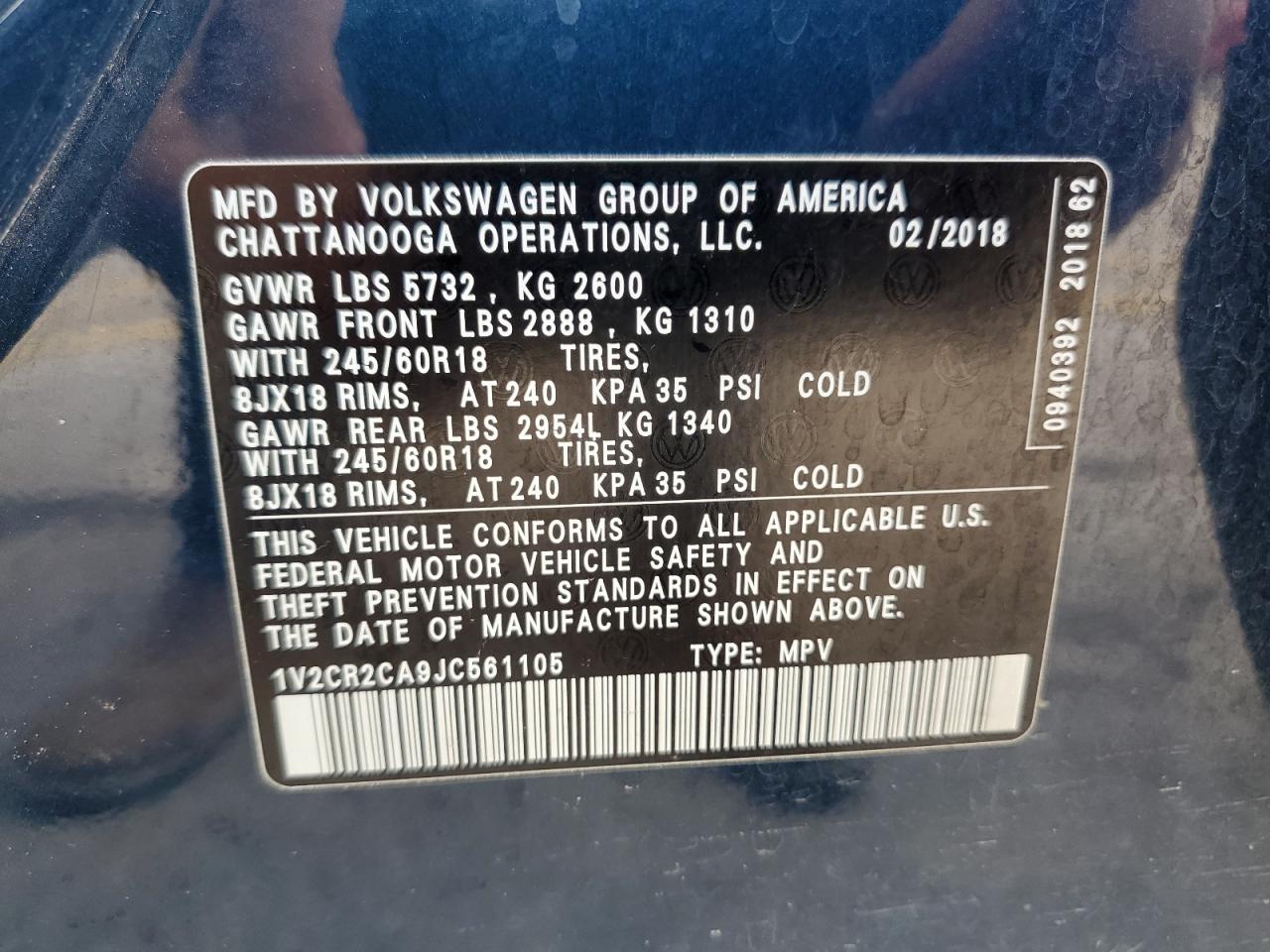2018 Volkswagen Atlas Se VIN: 1V2CR2CA9JC561105 Lot: 83784875