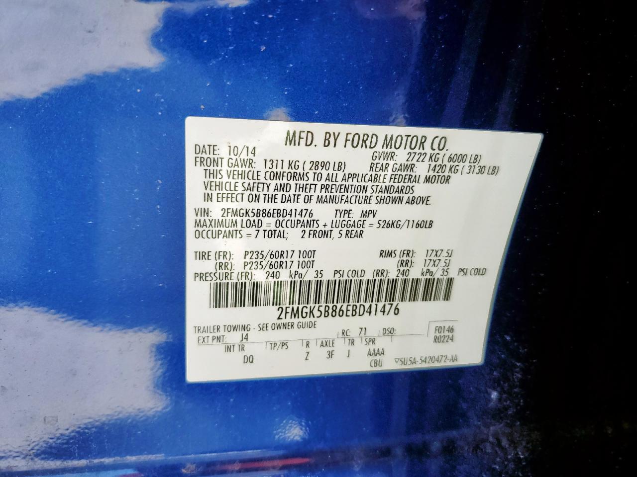 2014 Ford Flex Se VIN: 2FMGK5B86EBD41476 Lot: 80737845