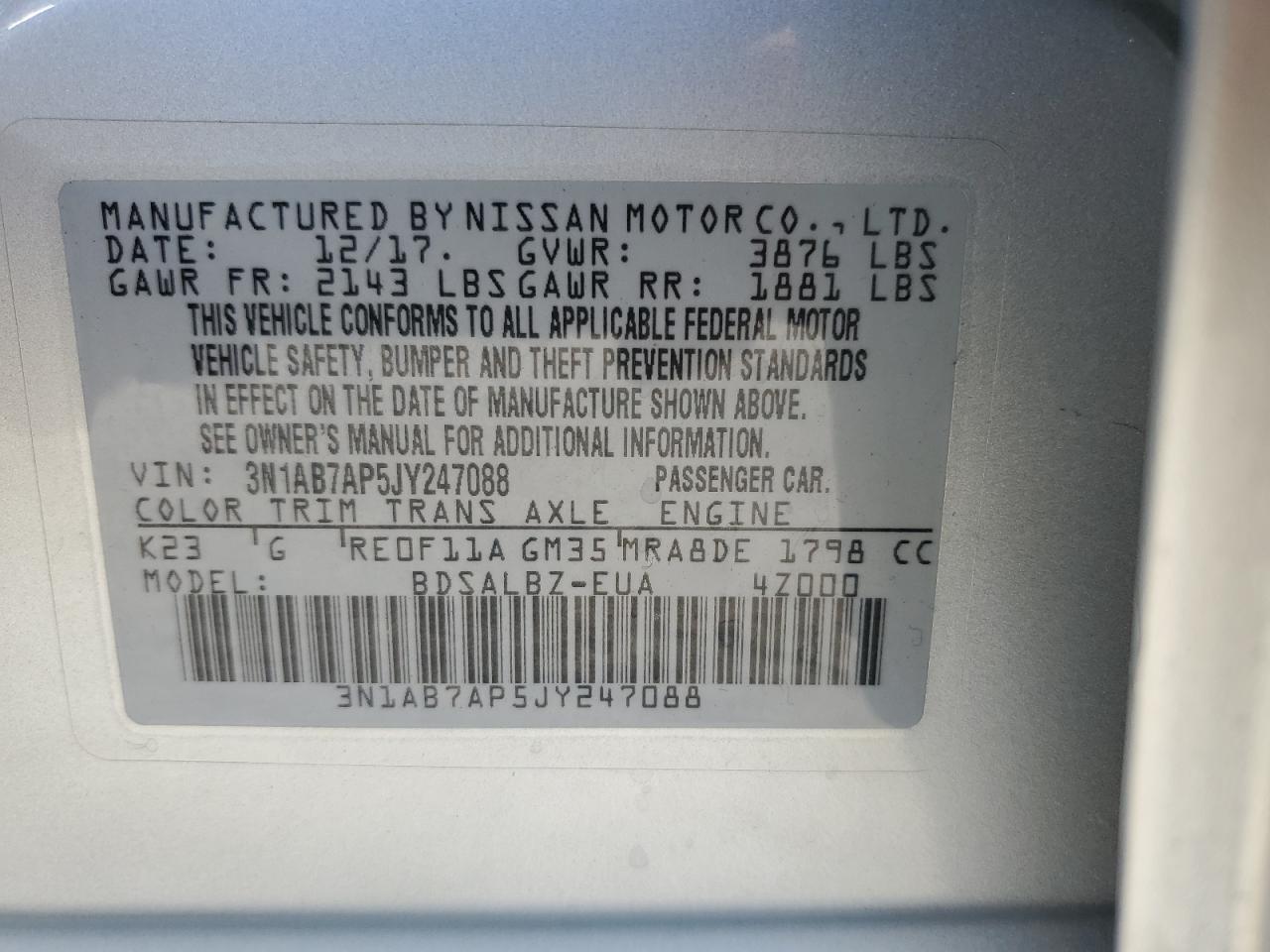 2018 Nissan Sentra S VIN: 3N1AB7AP5JY247088 Lot: 81137565