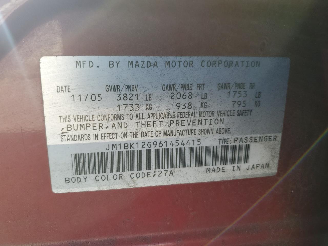 2006 Mazda 3 I VIN: JM1BK12G961454415 Lot: 81340155