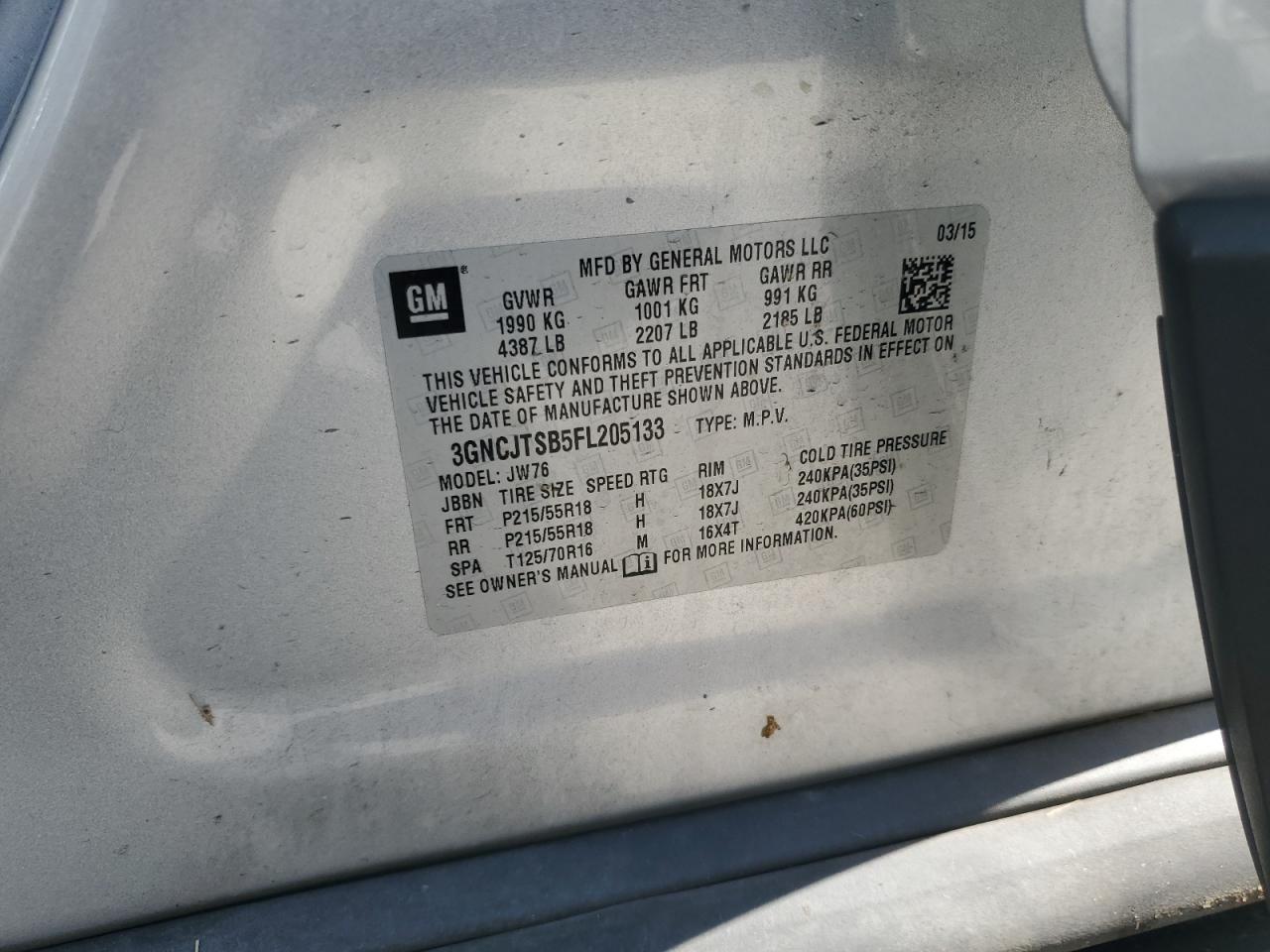 2015 Chevrolet Trax Ltz VIN: 3GNCJTSB5FL205133 Lot: 81837815