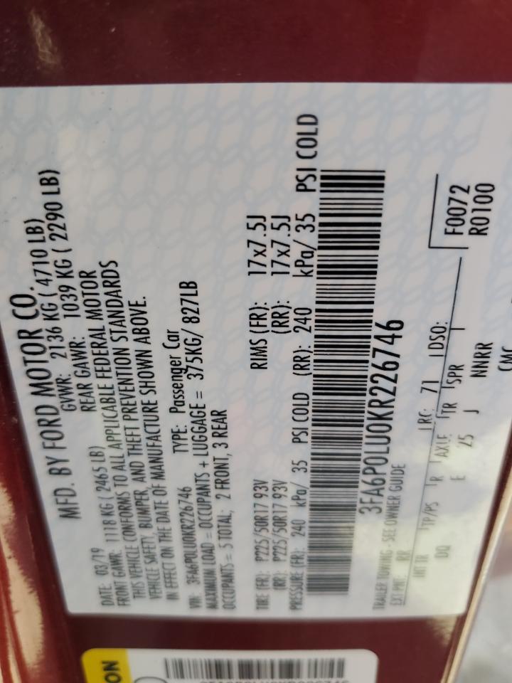 2019 Ford Fusion Se VIN: 3FA6P0LU0KR226746 Lot: 84206525