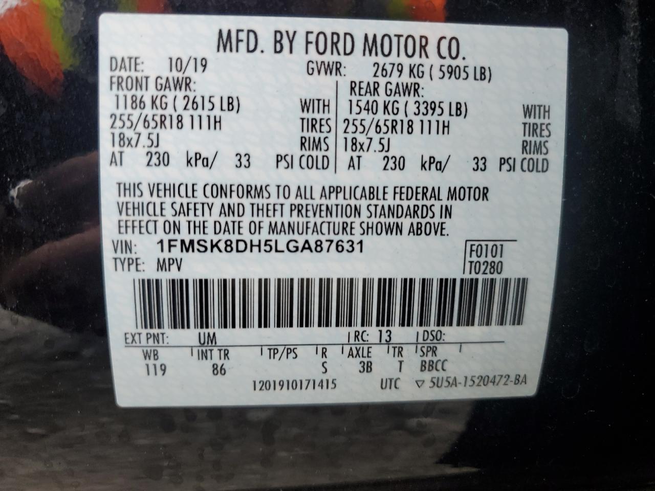 2020 Ford Explorer Xlt VIN: 1FMSK8DH5LGA87631 Lot: 81747025