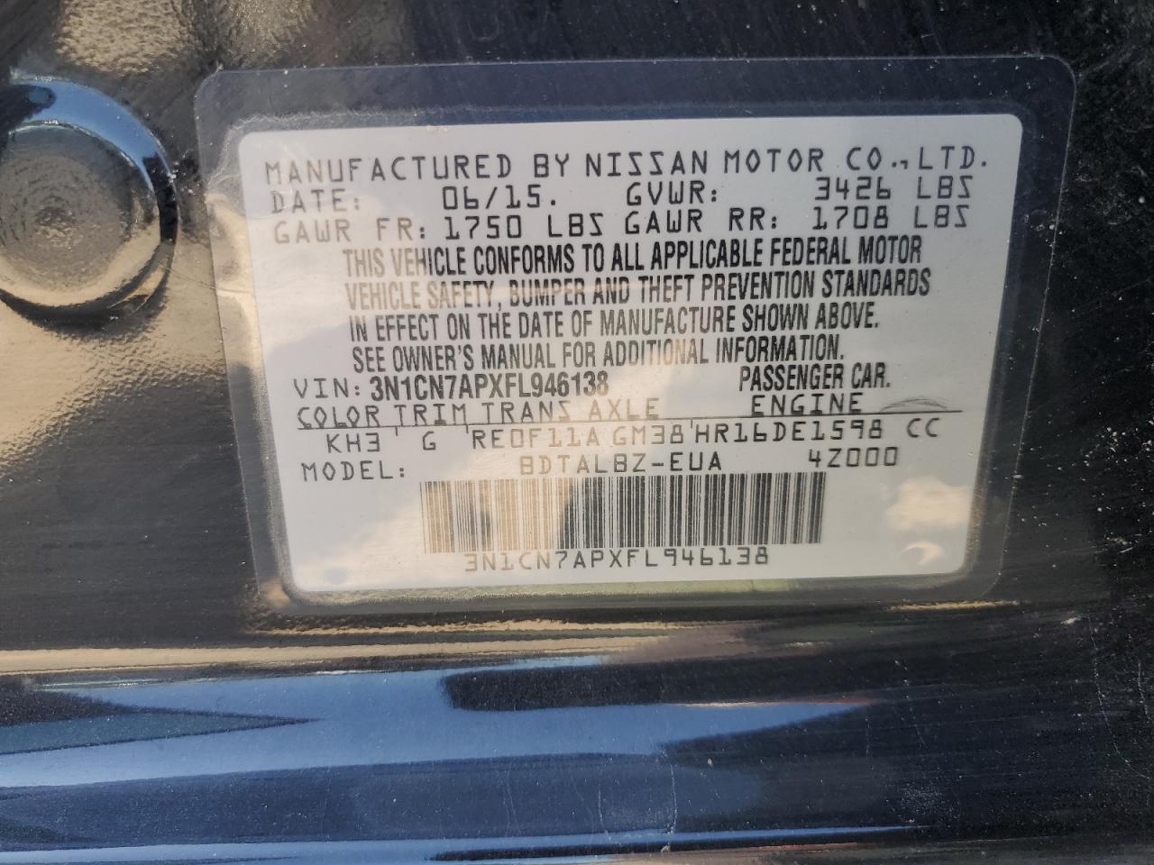 2015 Nissan Versa S VIN: 3N1CN7APXFL946138 Lot: 71202305