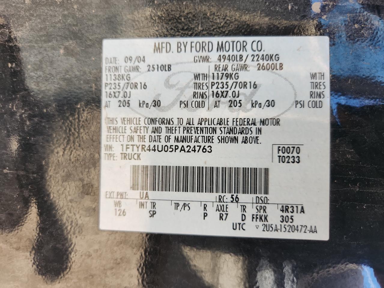 2005 Ford Ranger Super Cab VIN: 1FTYR44U05PA24763 Lot: 71062875