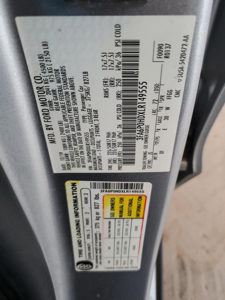 2020 Ford Fusion Se VIN: 3FA6P0HDXLR149555 Lot: 80840945