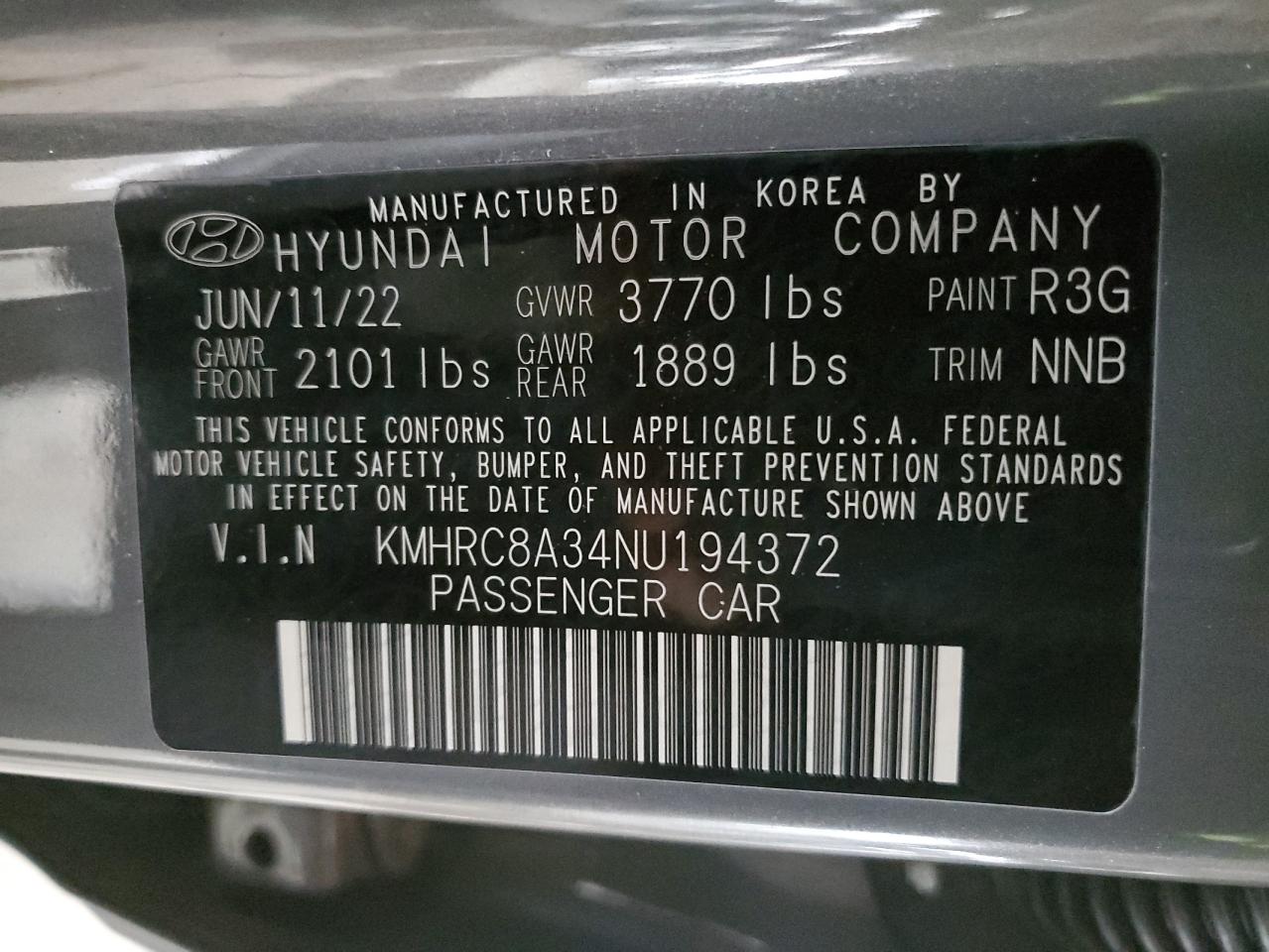 2022 Hyundai Venue Sel VIN: KMHRC8A34NU194372 Lot: 84016785