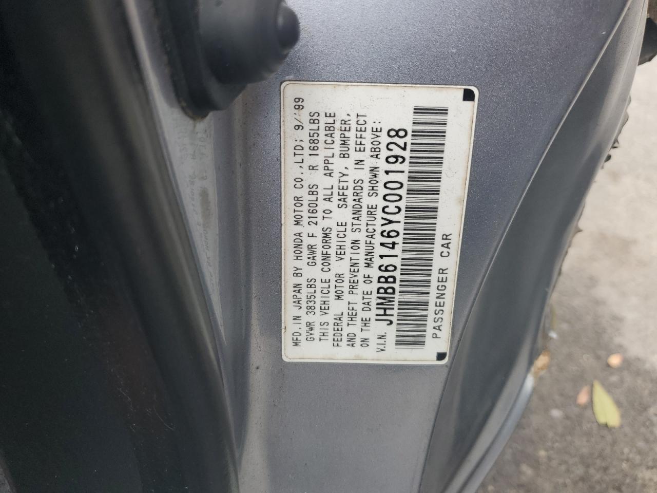 2000 Honda Prelude VIN: JHMBB6146YC001928 Lot: 80834105