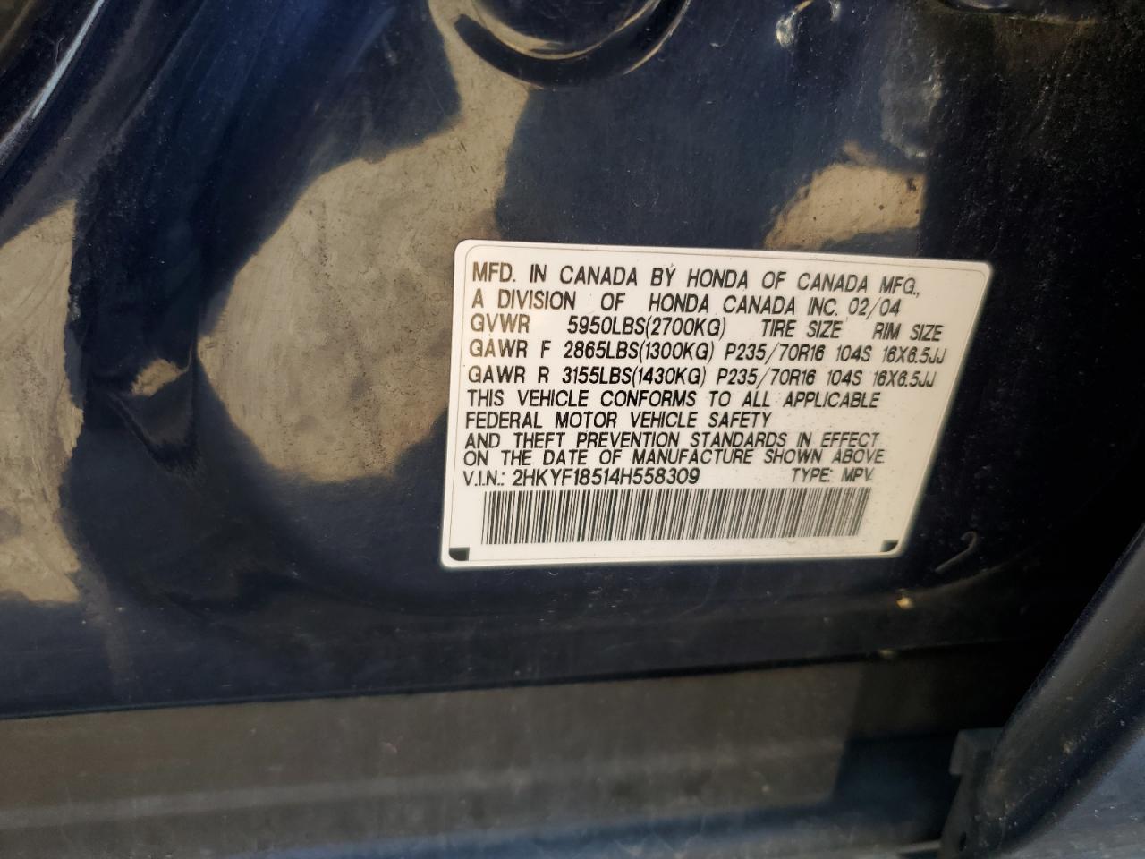 2004 Honda Pilot Exl VIN: 2HKYF18514H558309 Lot: 81576205