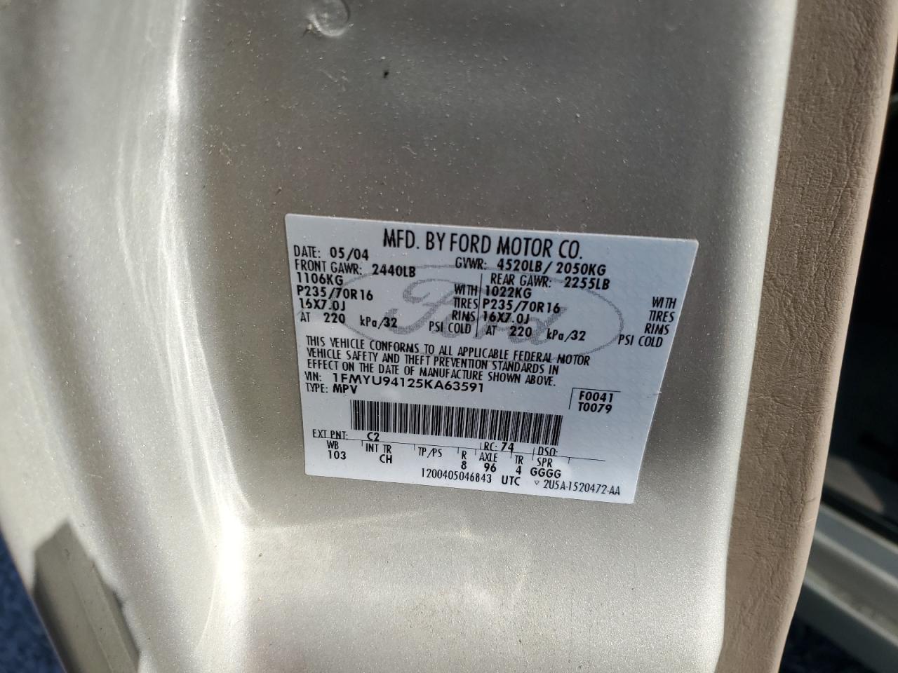 2005 Ford Escape Limited VIN: 1FMYU94125KA63591 Lot: 81693215