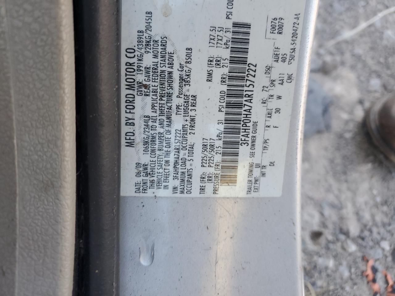 2010 Ford Fusion Se VIN: 3FAHP0HA7AR157222 Lot: 70925985