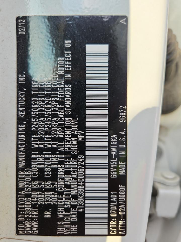 2012 Toyota Venza Le VIN: 4T3BK3BB4CU067249 Lot: 71056835