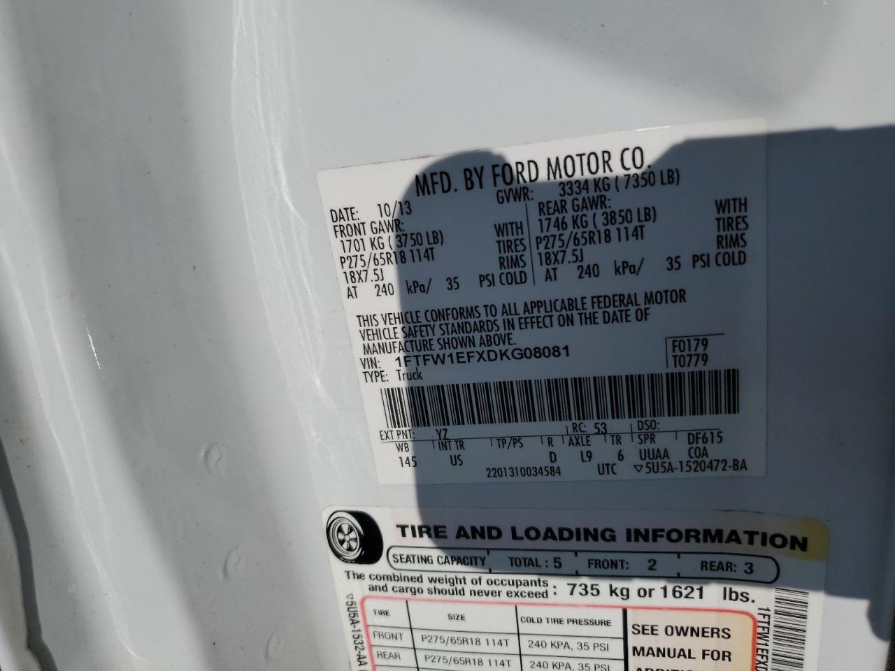 2013 Ford F150 Supercrew VIN: 1FTFW1EFXDKG08081 Lot: 70584845