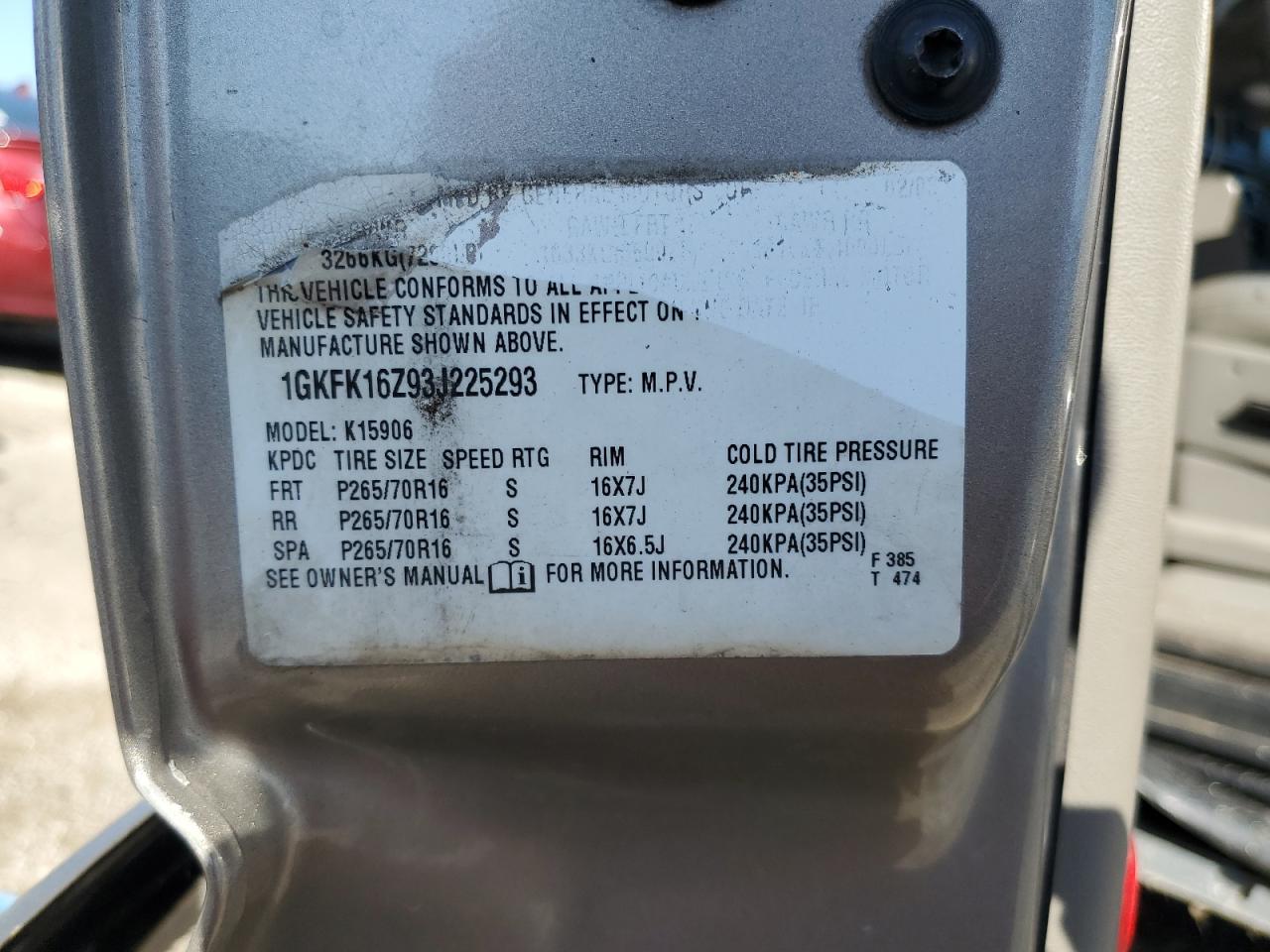 2003 GMC Yukon Xl K1500 VIN: 1GKFK16Z93J225293 Lot: 83932525