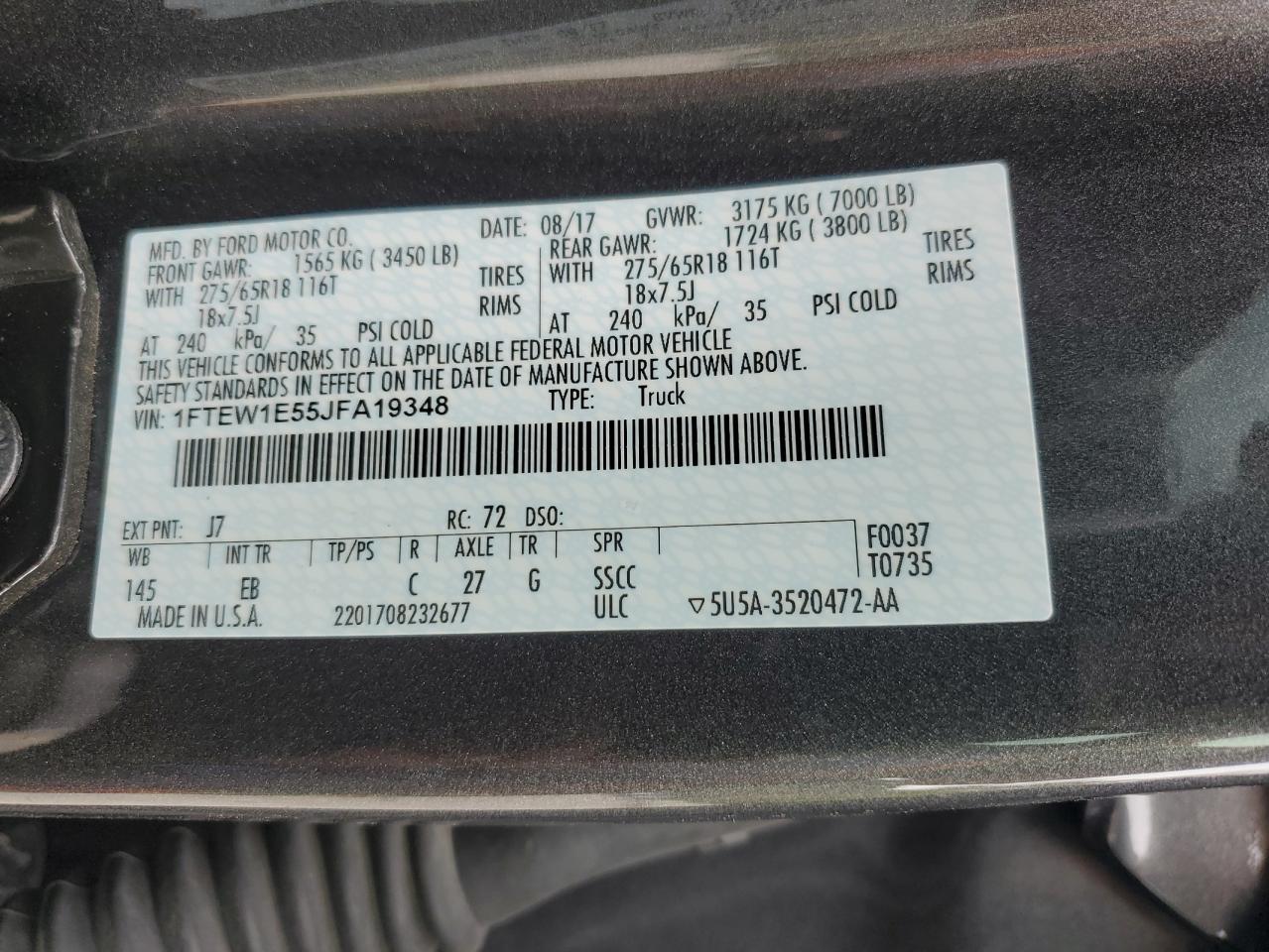 2018 Ford F150 Supercrew VIN: 1FTEW1E55JFA19348 Lot: 80910135