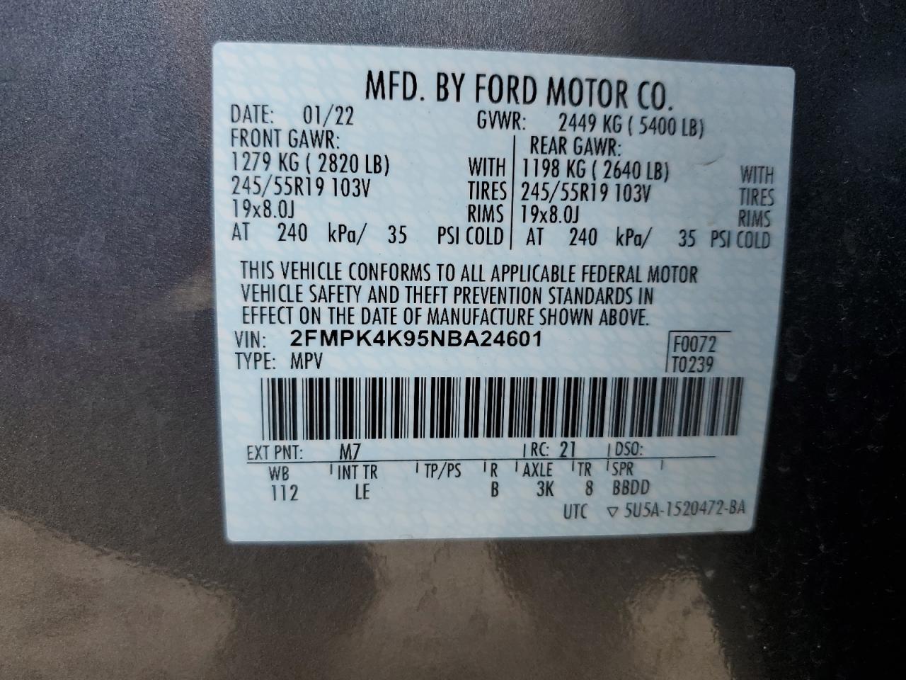 2022 Ford Edge Titanium VIN: 2FMPK4K95NBA24601 Lot: 81725475