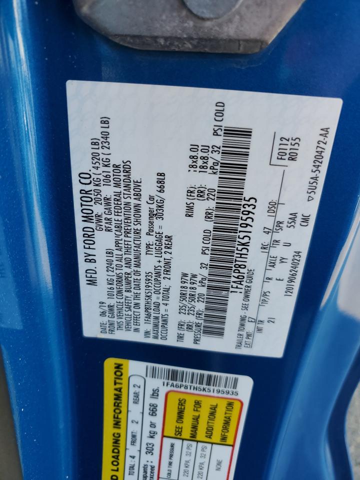 2019 Ford Mustang VIN: 1FA6P8TH5K5195935 Lot: 80466215