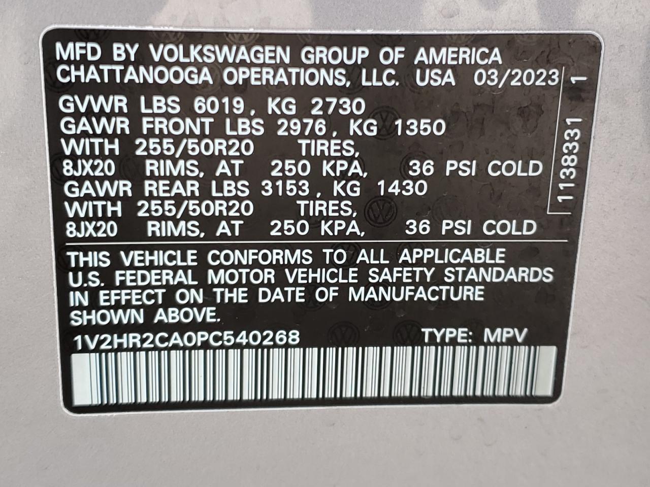 2023 Volkswagen Atlas Se VIN: 1V2HR2CA0PC540268 Lot: 71720635