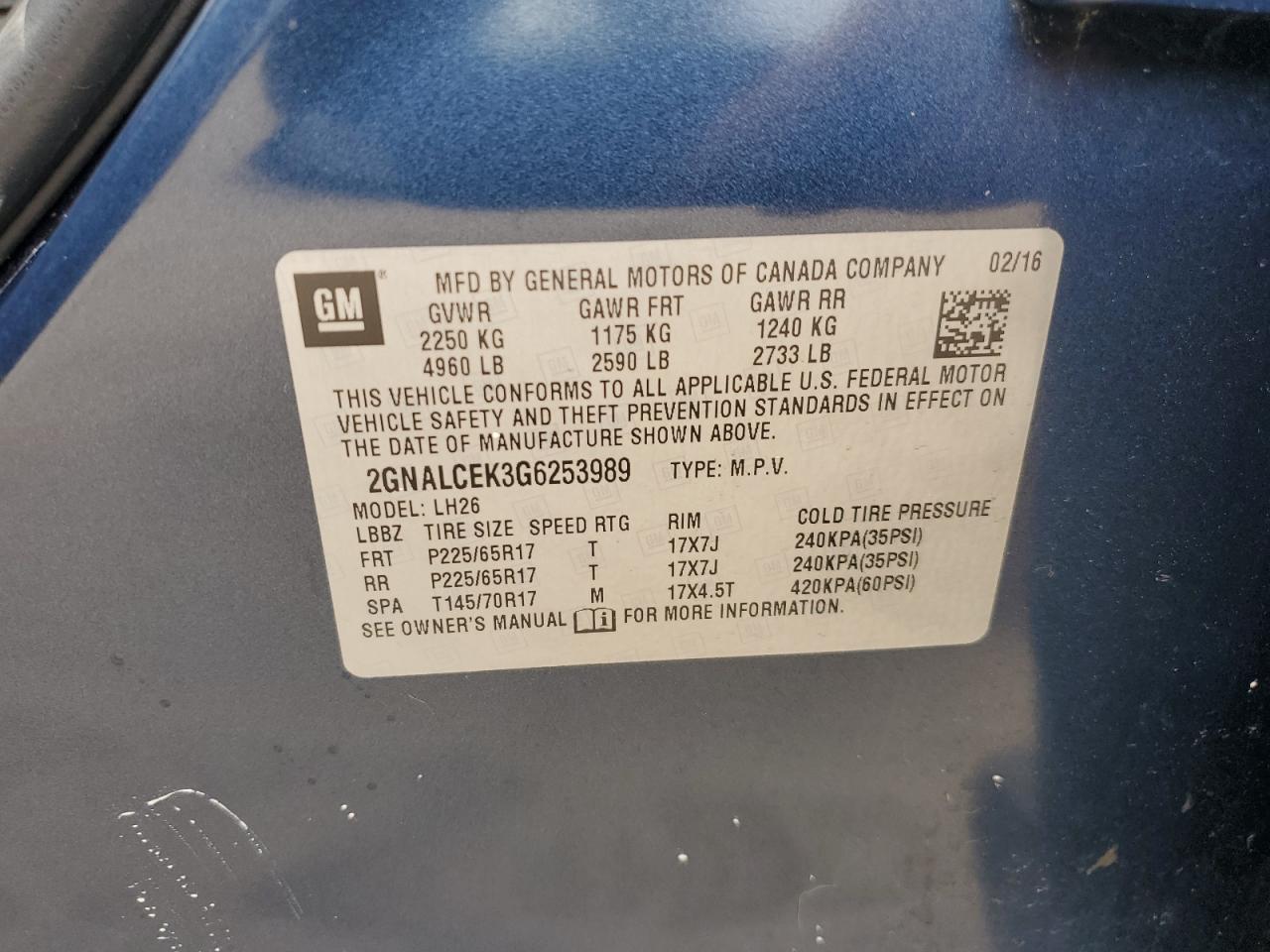 2016 Chevrolet Equinox Lt VIN: 2GNALCEK3G6253989 Lot: 80300435