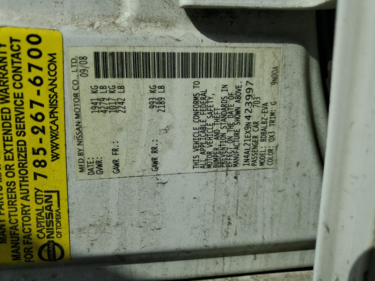 2009 Nissan Altima 2.5 VIN: 1N4AL21EX9N423997 Lot: 82058385