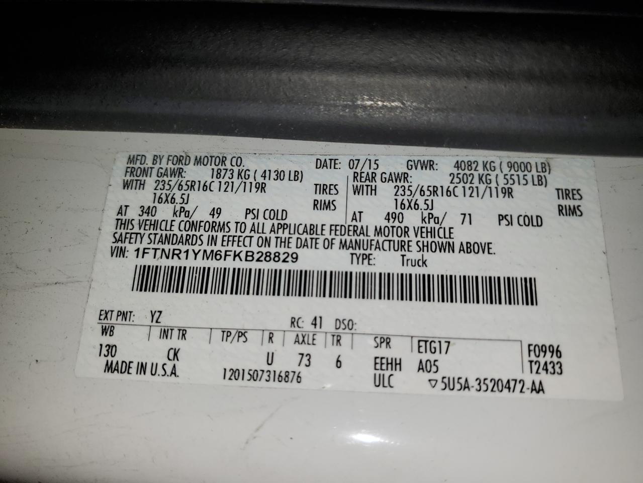 2015 Ford Transit T-250 VIN: 1FTNR1YM6FKB28829 Lot: 80459295