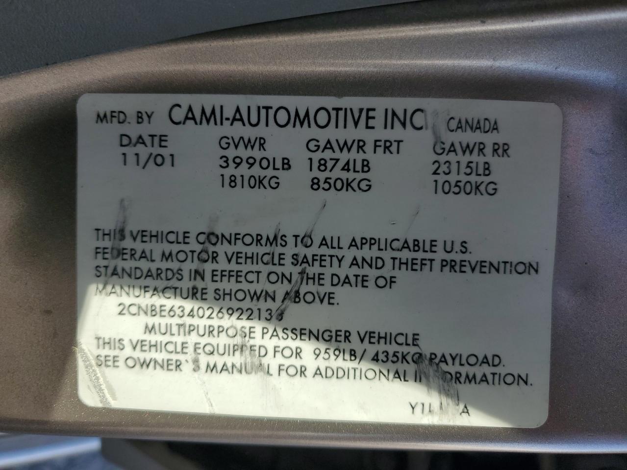 2002 Chevrolet Tracker Lt VIN: 2CNBE634026922138 Lot: 81820655