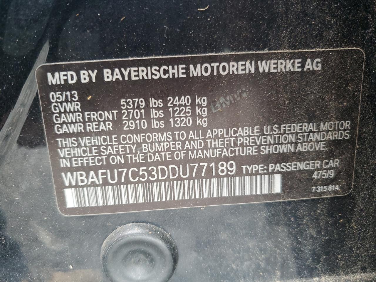 2013 BMW 535 Xi VIN: WBAFU7C53DDU77189 Lot: 80950105