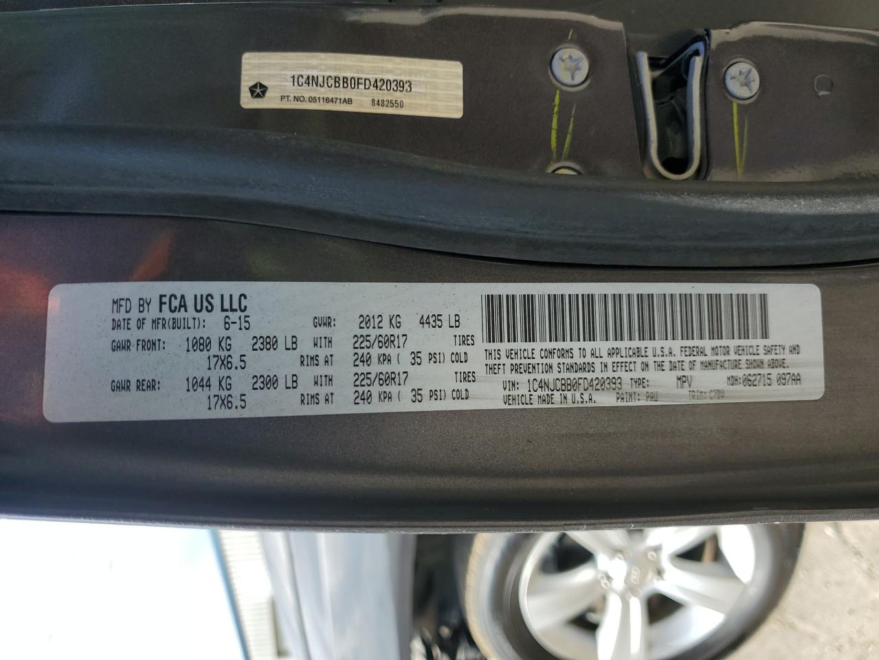 2015 Jeep Compass Sport VIN: 1C4NJCBB0FD420393 Lot: 70850995