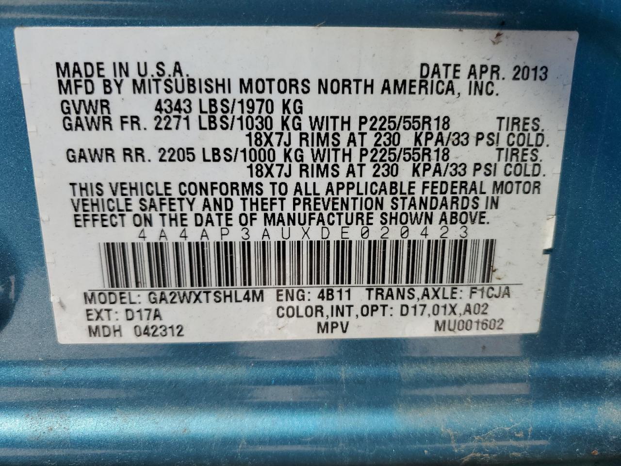 2013 Mitsubishi Outlander Sport Es VIN: 4A4AP3AUXDE020423 Lot: 81256575