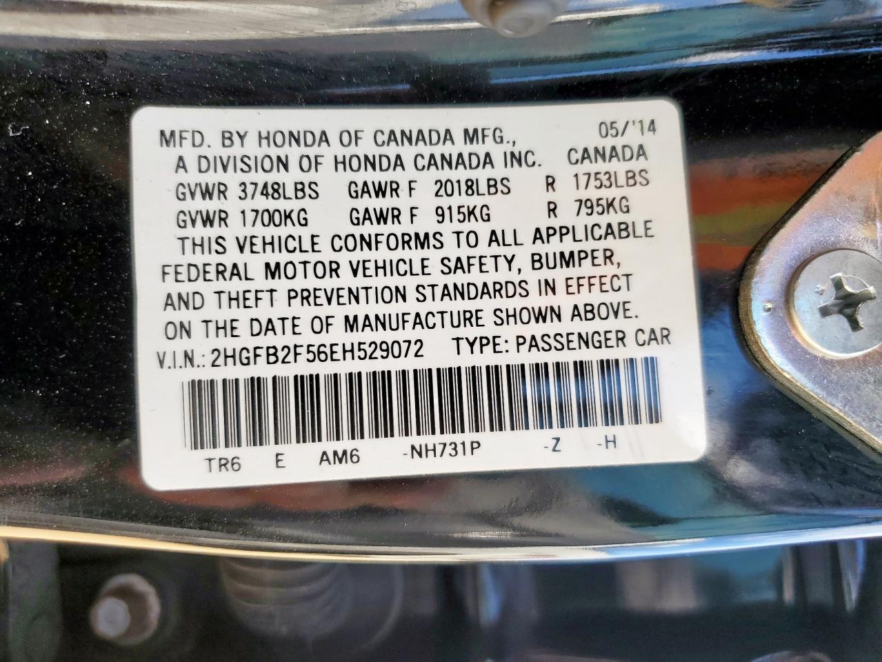 2014 Honda Civic Lx VIN: 2HGFB2F56EH529072 Lot: 80951195