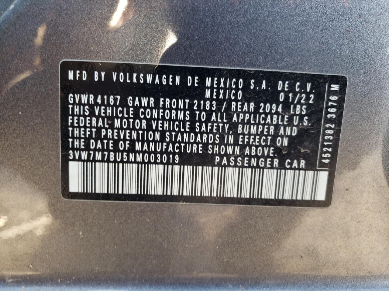 2022 Volkswagen Jetta Se VIN: 3VW7M7BU5NM003019 Lot: 72085945