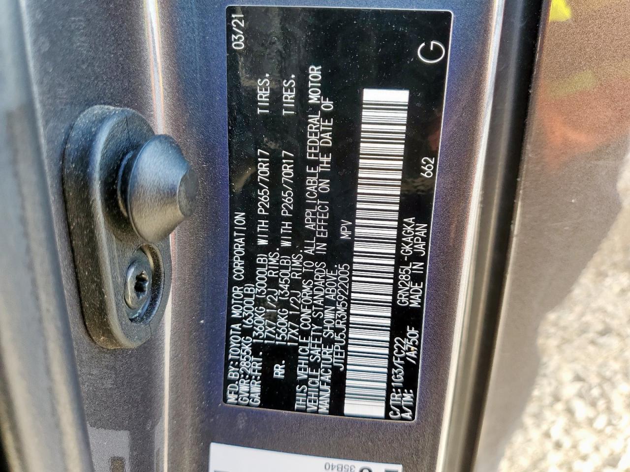 2021 Toyota 4Runner Sr5/Sr5 Premium VIN: JTEPU5JR3M5922005 Lot: 80085635