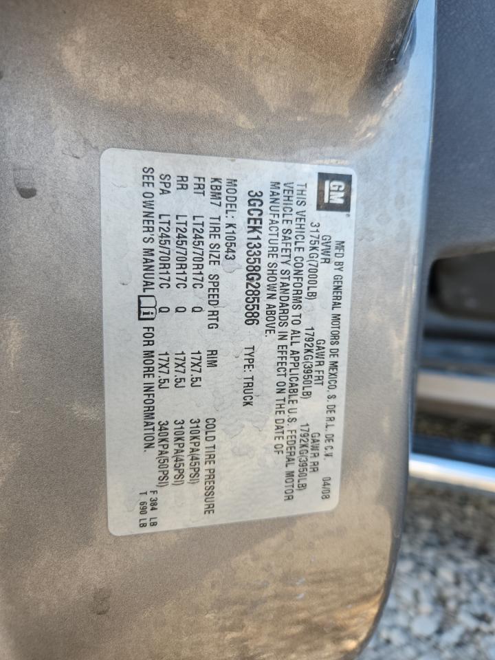 2008 Chevrolet Silverado K1500 VIN: 3GCEK13358G285586 Lot: 70210105