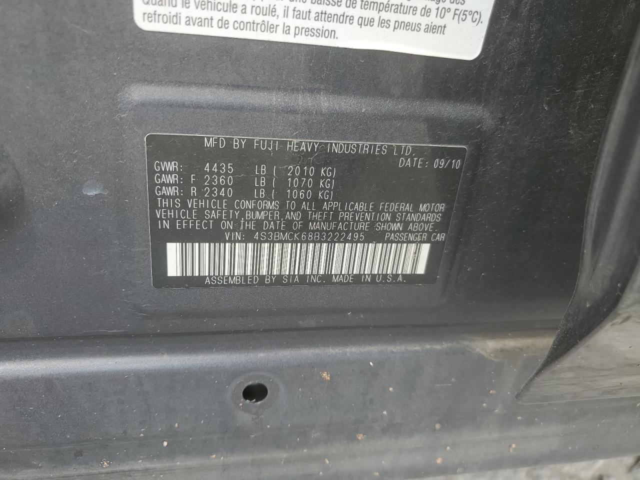 2011 Subaru Legacy 2.5I Limited VIN: 4S3BMCK68B3222495 Lot: 71886605