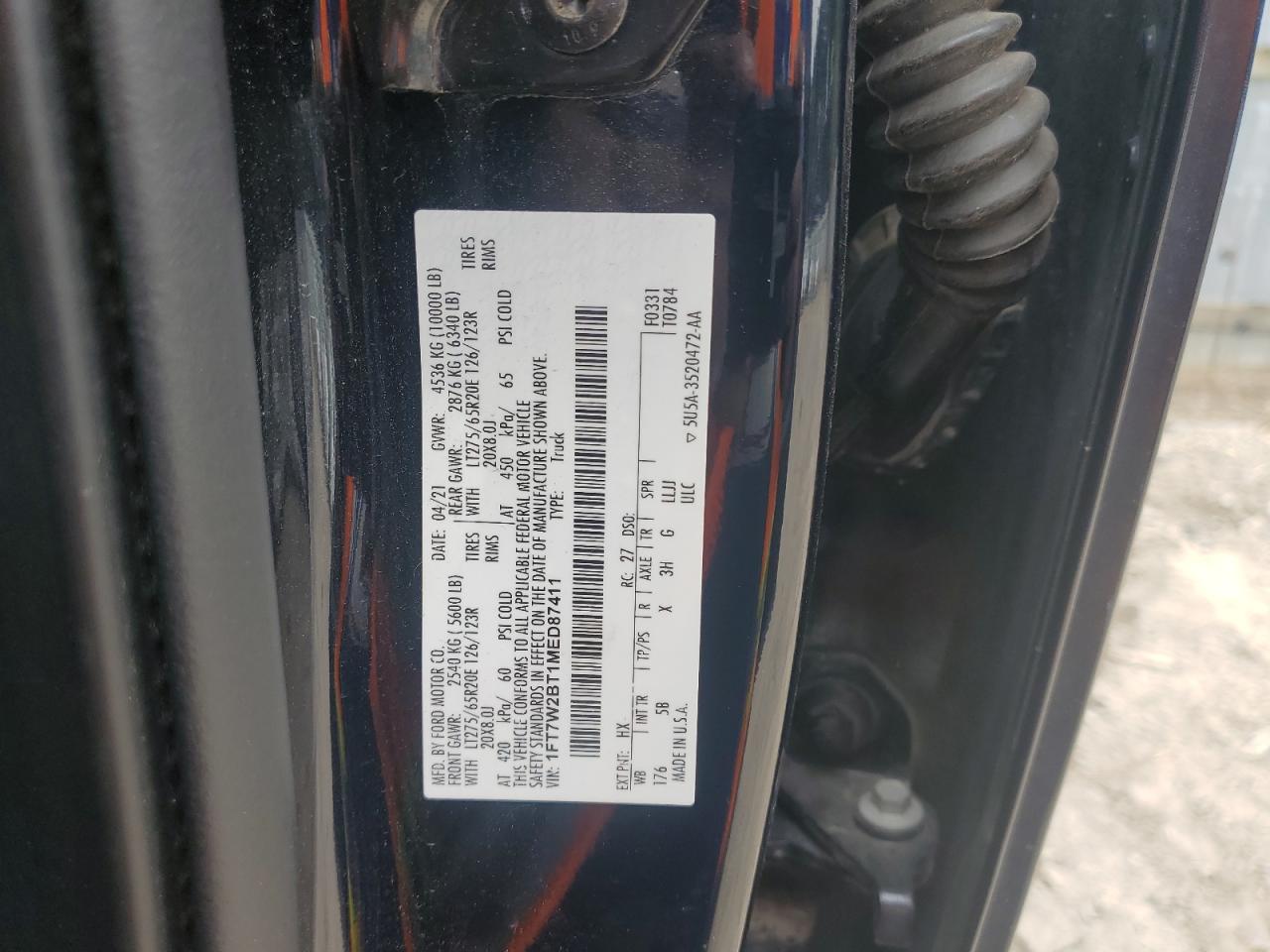 2021 Ford F250 Super Duty VIN: 1FT7W2BT1MED87411 Lot: 70982345